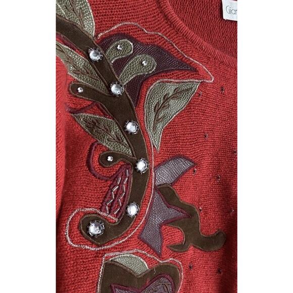 Giancarlo Ferranti Red Silk Angora Sweater Leather Applique Gems Vtg Women M - Picture 10 of 10